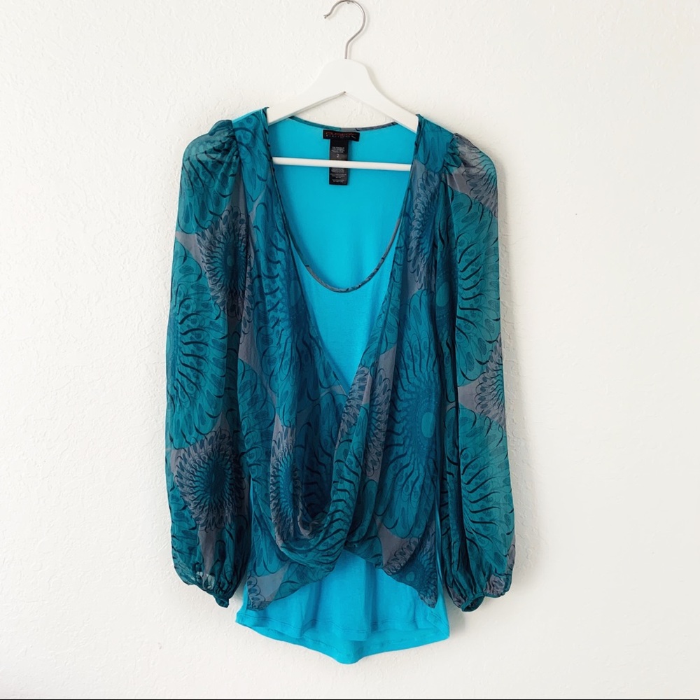 Custo Barcelona Silk Aqua Blue Layered Top Sz M